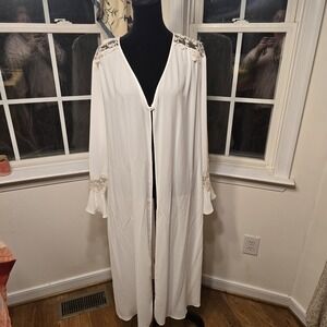 Vintage Dentelle Womens White Sheer Robe Beaded Lace Applique Bridal Size XL